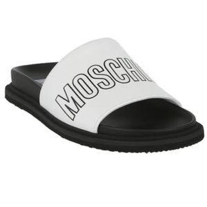 Moschino Women’s White Goldtone Logo Outline Leather Pool Slide Slippers Size 6
